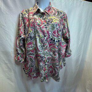 Chaps Womens 3X No Iron Button Down Shirt Paisley Pink Blue Cotton Plus Size